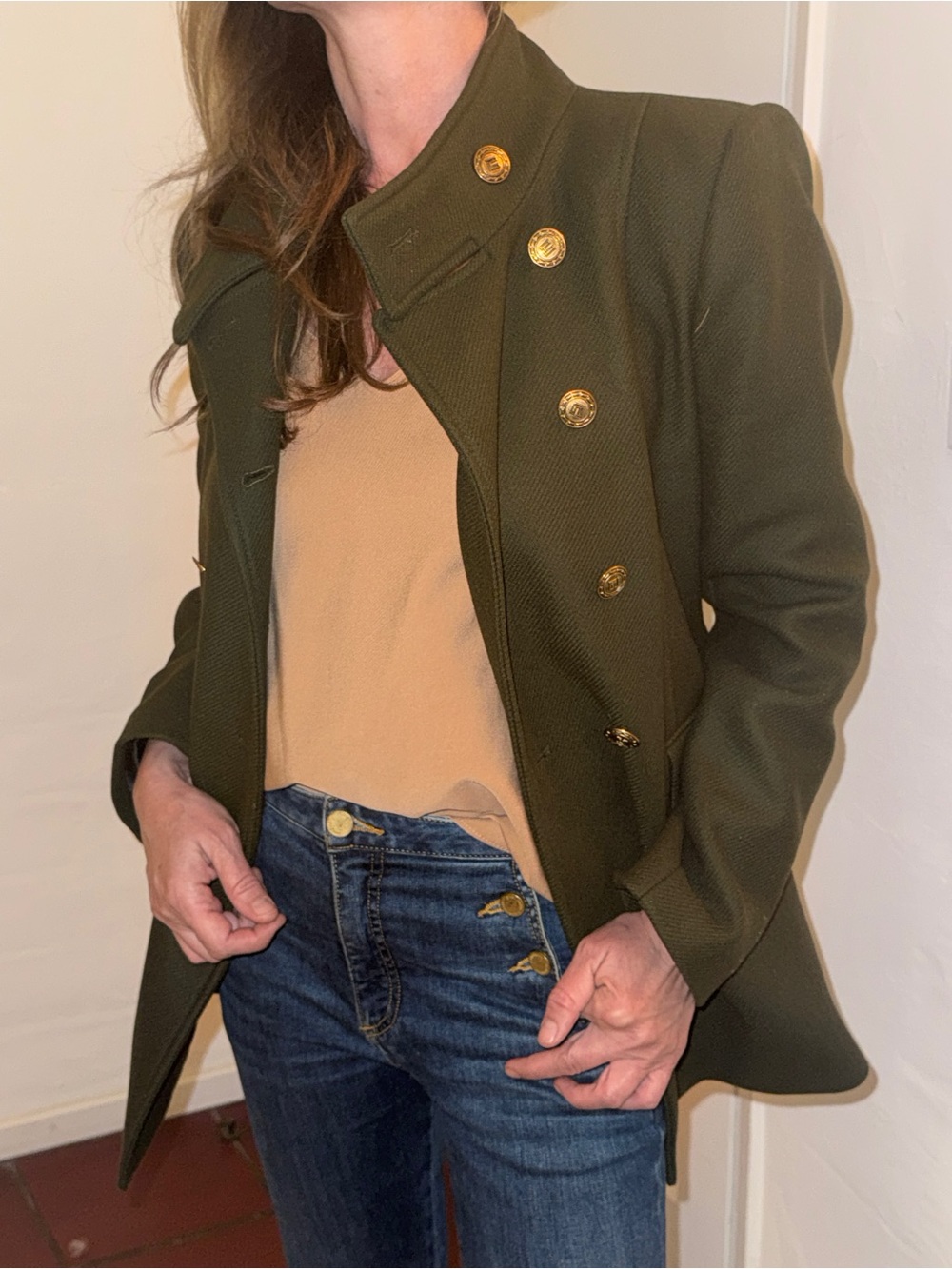 Zara Olive Green Military-Style Blazer with Gold Buttons